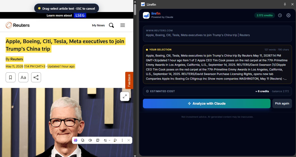 Lirefin panel showing highlighted article excerpt and Analyze with Claude button with credit estimate