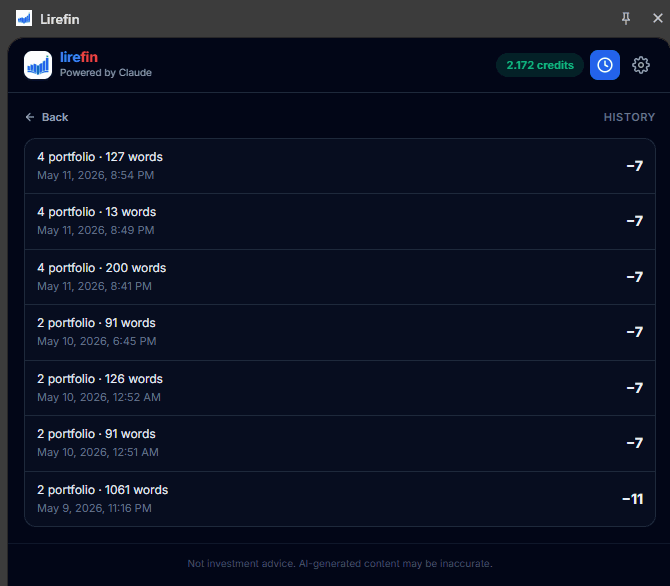 Lirefin History view listing recent analyses with timestamps and credits used